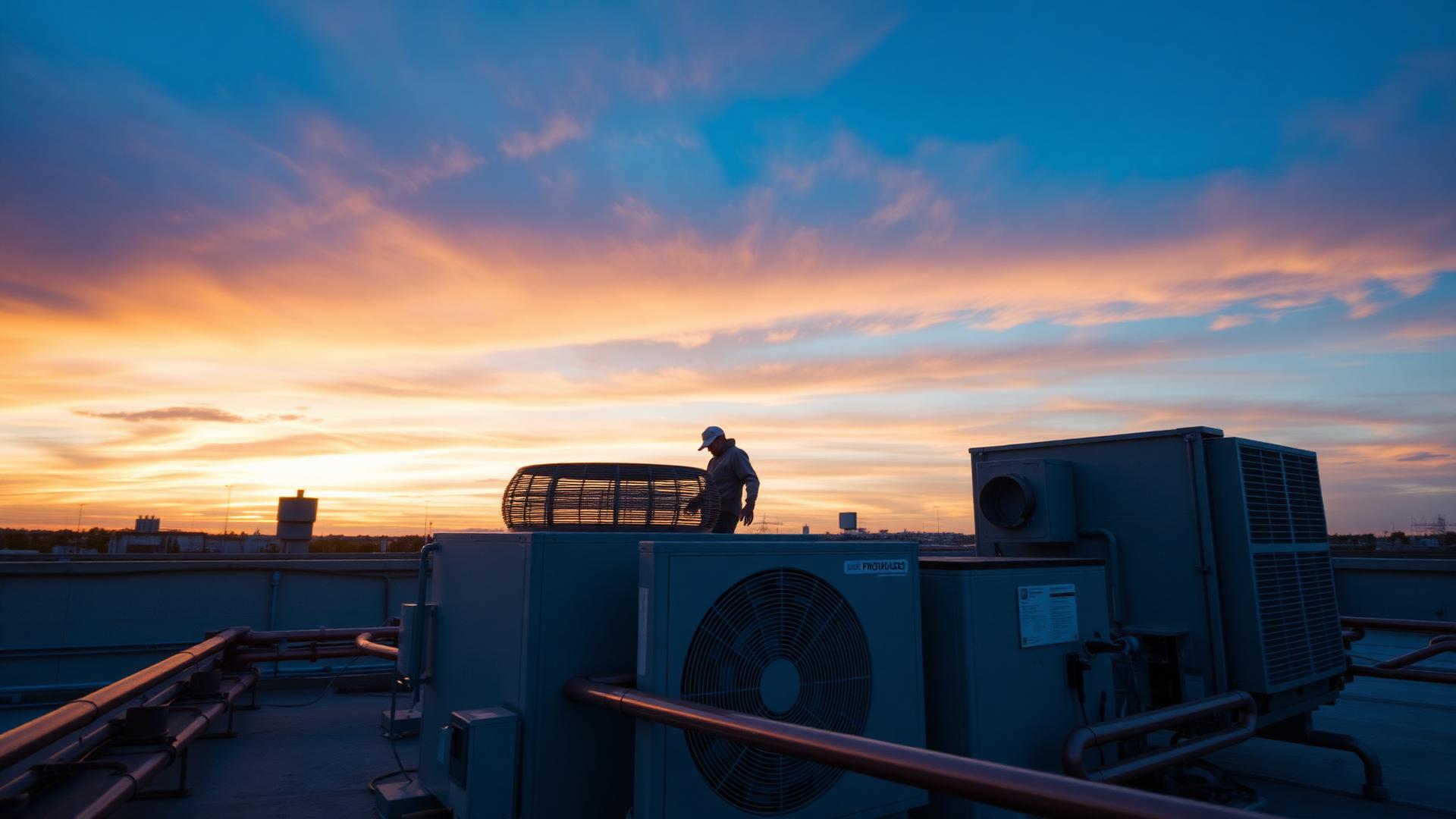 HVAC technician servicing rooftop equipment at sunset